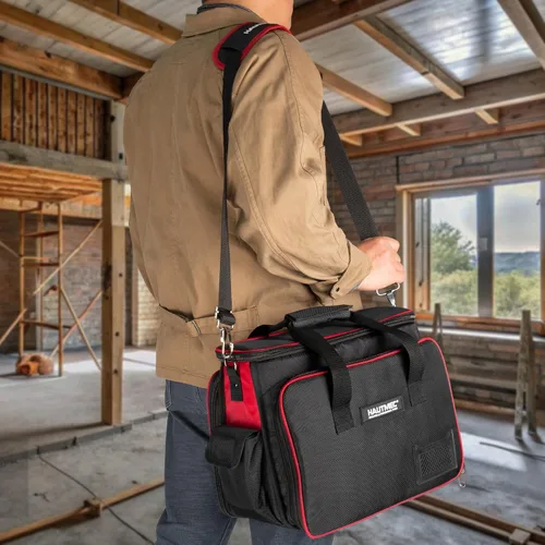 Vista 7 de HAUTMEC HT0408 - Bolsa de herramientas para técnicos de alta resistencia, 42 bolsillos 1680D, con compartimento para portátil, base dura resistente