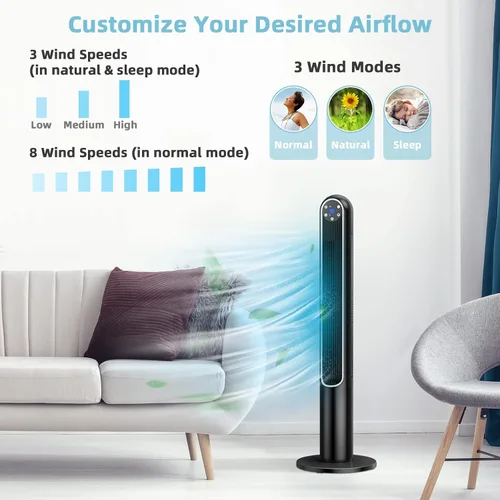 Vista 2 de Tangkula Ventilador de torre de 42 pulgadas con control remoto, ventilador de pie oscilante de 80˚ con pantalla LED, temporizador de 12 horas y 3