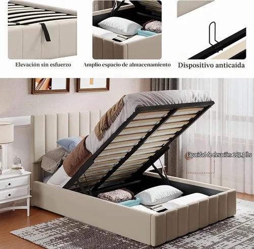 Vista 5 de Harper & Bright Designs Cama de plataforma tapizada tamaño Queen con cabecero con respaldo de alas y soporte de listones de madera, color beige