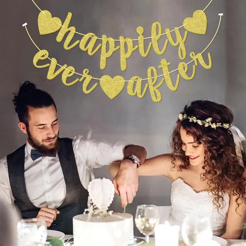 Vista 5 de Cartel de Happy Ever After, decoración de compromiso con purpurina dorada para despedida de soltera, fiesta de boda, fotomatón, banderines cursivos