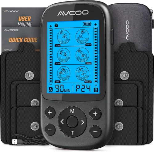 Vista 9 de AVCOO Estimulador muscular de unidad TENS de doble canal, máquina EMS TENS 3 en 1 con 24 modos y 40 niveles, masajeador EMS recargable para alivio