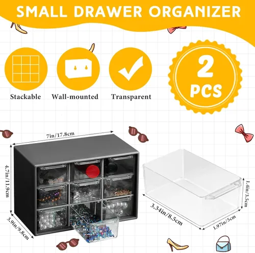 Vista 2 de Wenqik 2 Piezas Mini Cajones de Almacenamiento Organizador de Caja de Herramientas para Maestros con 9 Cajones Transparentes Pequeño Organizador