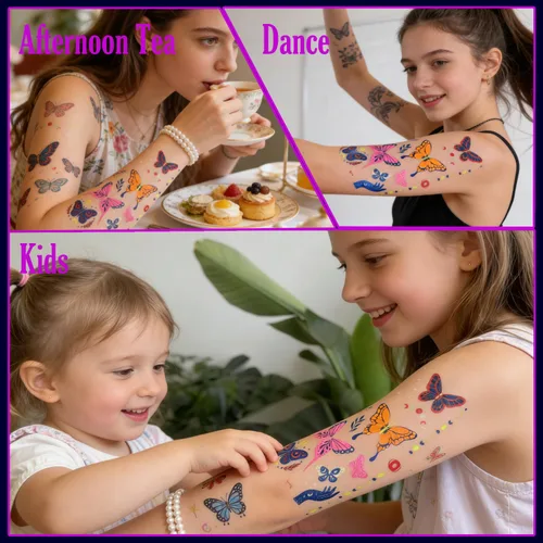 Vista 8 de Tatuajes temporales de neón UV, 12 hojas de tatuajes de fiesta que brillan en la oscuridad para adultos y niñas, patrones de doble vibración