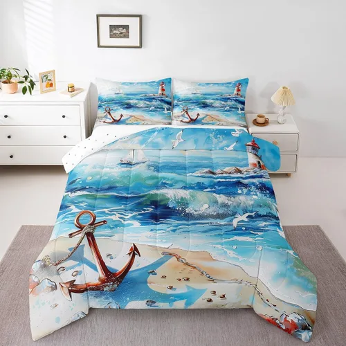Vista 9 de Castle Fairy Juego de edredón de verano para niños, tamaño individual, diseño náutico reversible con diseño náutico de estrellas de mar, barco y Azul