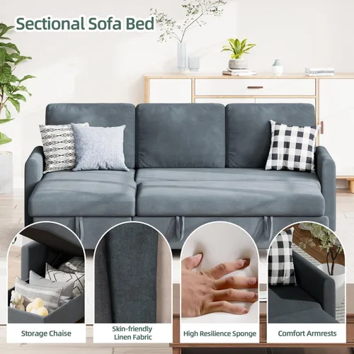 Vista 4 de Shintenchi Sofá cama, sofá cama extraíble, sofá cama extraíble 2 en 1 con diván de almacenamiento para sala de estar, sofá cama, sofás, sofá