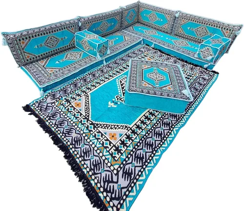 Vista 7 de arabicsofa Light Blue L Shaped Moroccan Majlis Seating – Arabic Sectional Floor Sofa Set – Modular Corner Sofa Set
