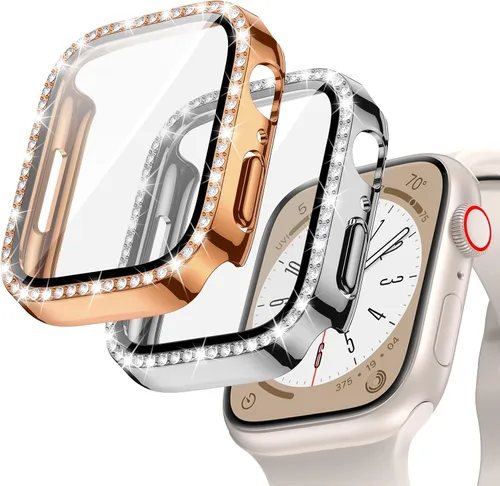 Vista 18 de Goton - Pack de 2 Fundas Bling para Apple Watch con Protector de Pantalla 40mm SE 3/2/1, Series 6/5/4, Funda con Purpurina para Mujer con Diamantes