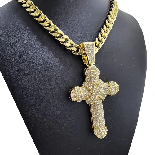 Vista 2 de Hip Hop Jewelry - Colgante de cruz grande chapado en oro y cadena de eslabones cubanos Miami de 0.394in, 18 pulgadas, 20 pulgadas, 24 pulgadas, 30