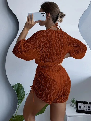 Vista 2 de MakeMeChic Traje de baño de 3 piezas para mujer, traje de baño halter triangular, corte alto, conjunto de bikini de malla transparente