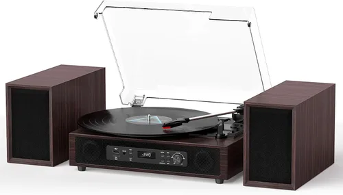 Vista 14 de Tocadiscos de vinilo vintage con altavoces estéreo externos, tocadiscos de 3 velocidades con entrada Bluetooth, grabación USB a PC, parada