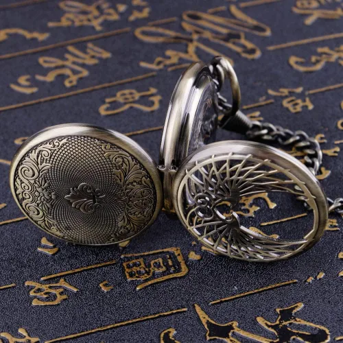 Vista 5 de Bronze Men's Antique Mechanical Pocket Watch, Skeleton Mechanical Roman Numerals Pocket Watch with Chain + Box