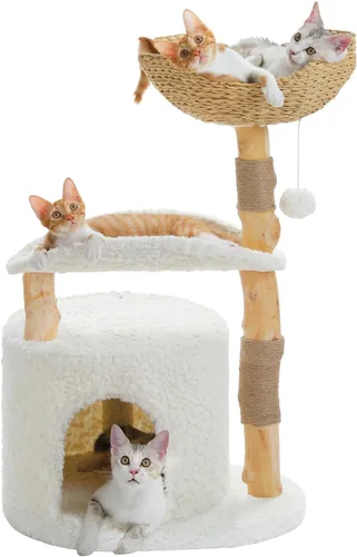Vista 9 de PAWZ Road Árbol moderno para gatos con poste rascador de madera maciza natural, torre para gatos de 40 pulgadas con cesta de mimbre grande, hamaca