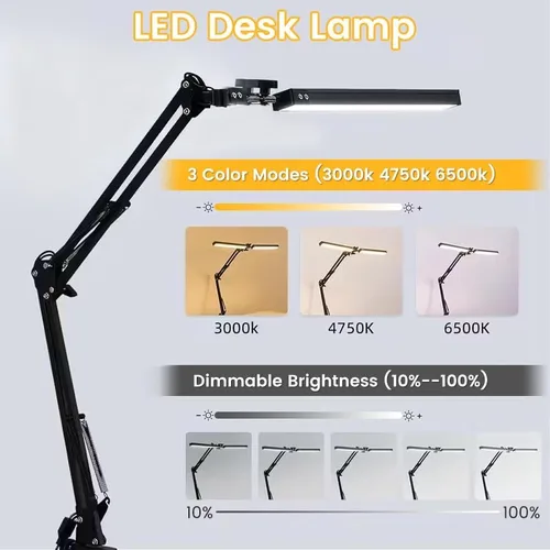 Vista 2 de Lámpara de escritorio LED, lámpara de brazo oscilante ajustable con abrazadera, luz de escritorio de lectura que cuida los ojos, 10 niveles