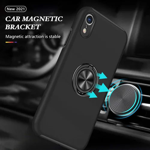 Vista 3 de Funda compatible con iPhone XR con protector de pantalla de vidrio templado para hombres, funda protectora ligera 2 en 1 con soporte de anillo