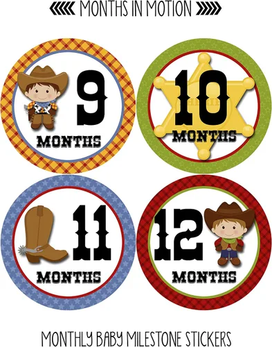 Vista 4 de Calcomanías mensuales para bebé, calcomanías de hitos mensuales, calcomanías del mes del bebé para niño, vaquero occidental, estilo 340