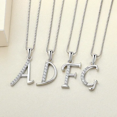 Vista 4 de YL Collares con iniciales para mujer, plata de ley 925, circonita cúbica, 26 joyas del alfabeto, Metal, circonita