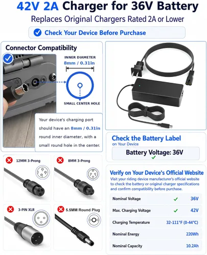 Vista 2 de Cargador VHBW 42V 2A compatible con scooter eléctrico Segway Ninebot