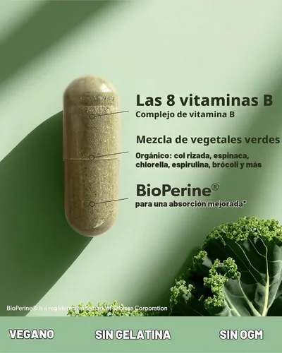 Vista 4 de sapling Complejo vegano de vitamina B, mezcla de alimentos integrales con vitaminas B esenciales B1, B2, B3, B5, B6, B7, folato, B12-60 cápsulas