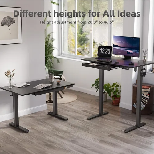Vista 4 de YDN Escritorio de pie con cajón de 48 x 24 pulgadas eléctrico de altura ajustable negro Steel frame supports 176 lbs, 28.3 to 46.5 inch height