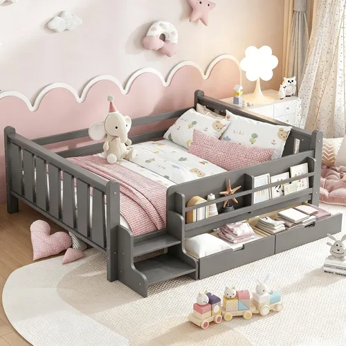 Vista 27 de Bellemave Cama Montessori completa con escaleras y cajones de Escaleras marrones