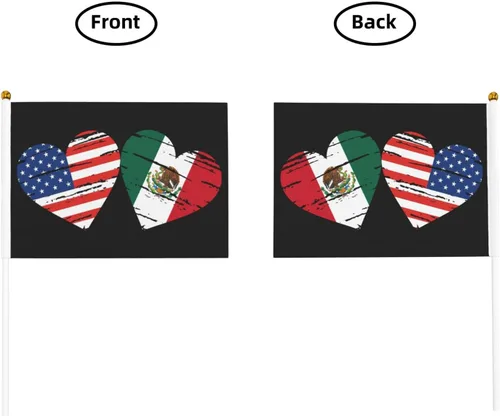Vista 4 de Bandera de México de Estados Unidos, bandera de mano con corazón, tamaño único, tamaño pequeño, mini banderas en palo, decoraciones de fiesta