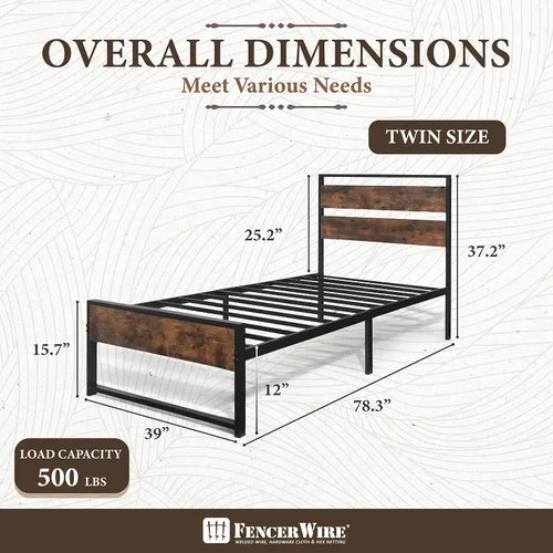 Vista 2 de Fencer Wire Base de cama de metal con cabecera y estribo de madera modernos, base de colchón, plataforma de metal con marco de acero, sin ruido,