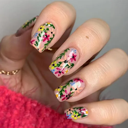 Vista 20 de Uñas postizas ovaladas a presión con puntas francesas, juego de uñas postizas cortas de flores artificiales, uñas postizas acrílicas con diseños