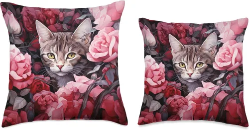 Vista 3 de Havanna Brown Cat Hiding Between Roses and Flowers Almohada de tiro 16x16, multicolor