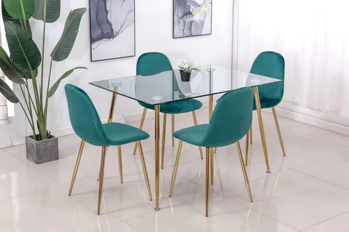 Vista 6 de Mesa de comedor rectangular de vidrio con patas doradas, mesa de cocina moderna de 47 pulgadas, mesa de comedor rectangular (rectangular básica)