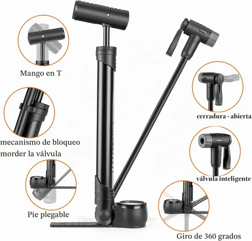 Vista 5 de Bomba de bicicleta con medidor PSI, bomba portátil para neumáticos de bicicleta, bomba de aire de bicicleta de 120 PSI para válvulas Presta y Gris