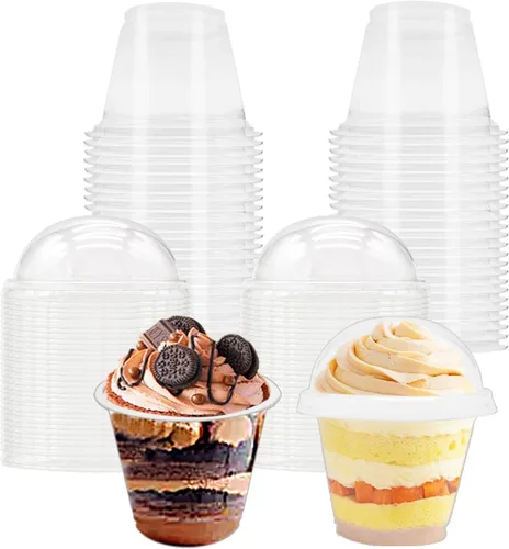 Vista 7 de Szsrcywd Paquete de 100 tazas transparentes de postre de 9 onzas con tapas de cúpula, vasos desechables de plástico para yogur (sin agujeros)