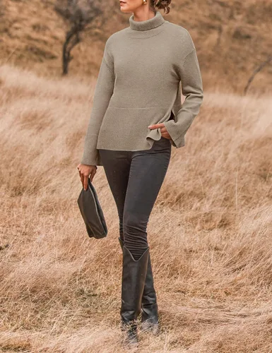 Vista 4 de ZESICA Women's 2024 Winter Sweaters Turtleneck Long Sleeve Oversized Split Hem Knitted Pullover Jumper Sweater Tops