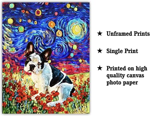 Vista 2 de Bestbuddy Pet 8X10 sin marco noche estrellada bulldog francés blanco negro animales amante familia paz amor pintura al óleo impresión arte impresión
