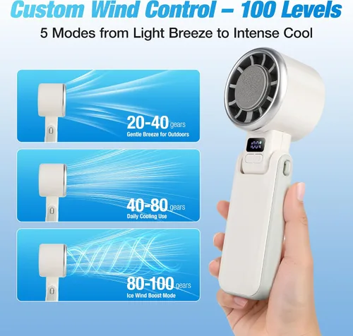 Vista 6 de Chudeilo Ventilador de mano turbo portátil con refrigeración por hielo: batería de 4000 mAh, viento de 5 velocidades, motor sin escobillas, carga