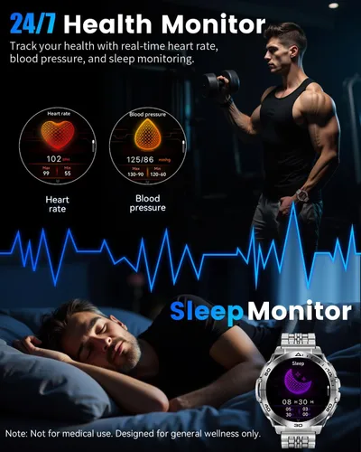 Vista 5 de Relojes inteligentes militares para hombres con llamada Bluetooth, reloj inteligente AMOLED de 1.6 pulgadas impermeable con linterna, 116 modos