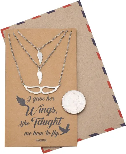 Vista 6 de quan jewelry Collar de ala de ángel, juego de 3 collares con dije, regalos para madre, hija, hermana con tarjeta de cita inspiradora, hecho a mano
