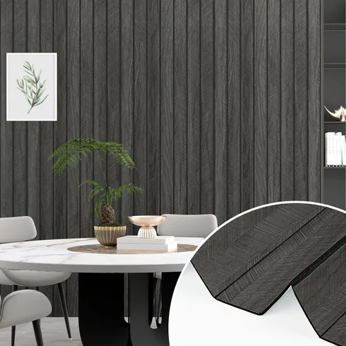 Vista 3 de Wallercity Paneles de madera 3D gris/negro para paredes, paneles de pared de listones de madera autoadhesivos para dormitorio, baño, panel de pared