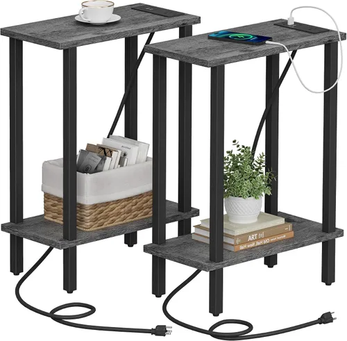 Vista 31 de TUTOTAK - Mesa auxiliar pequeña con estación de carga; mesa lateral estrecha con puertos USB y tomas de corriente; mesa de sofá delgada; mesita