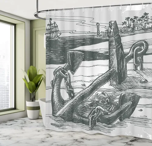 Vista 4 de Ambesonne Decor Collection, juego de cortina con ganchos para regadera
