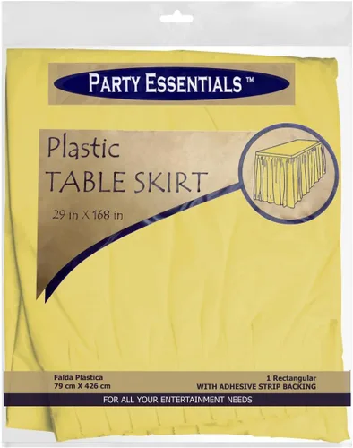 Vista 2 de Party Essentials Falda de mesa de plástico desechable resistente, 1 unidad, 29 pulgadas de ancho x 14 pies (168 pulgadas) de largo, amarillo