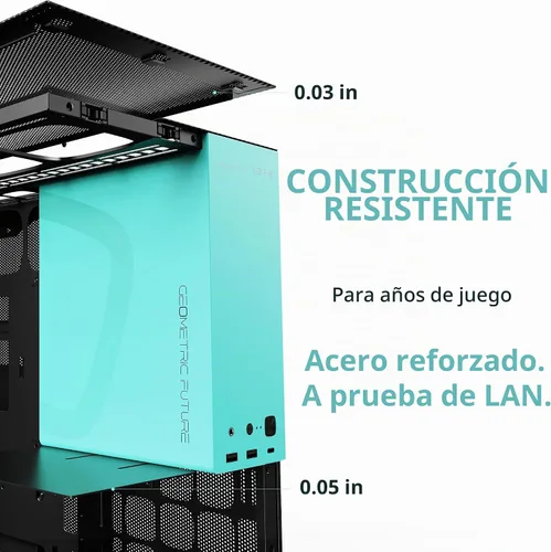 Vista 6 de Geometric Future M5 de vidrio templado semitorre, chasis de juego E-ATX/ATX, acero de 1.2mm, Tipo C, paneles sin herramientas, soporte para radiador
