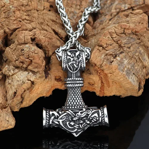 Vista 2 de NICHANGHUA Collar con colgante de martillo de amuleto vikingo de acero inoxidable Mjolnir vikingo, joyería nórdica