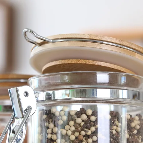 Vista 5 de KKC - Recipiente de té de vidrio con tapas y cuchara de bambú Tarros de almacenamiento de té sueltos herméticos de 27 onzas para bolsa de té y té