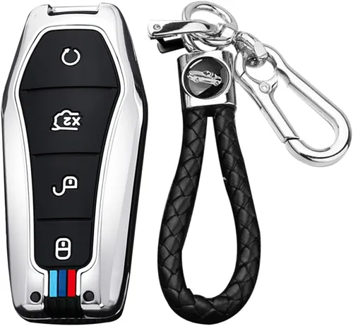 Vista 9 de Funda para llavero de aleación de zinc con llavero para BYD Han Ev Tang Dm 4 botones Funda protectora para llave de coche Un llavero-Negro