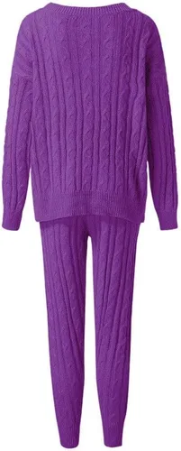 Vista 3 de Hugncmy Conjunto de pantalones de suéter de cuello redondo de color sólido para mujer