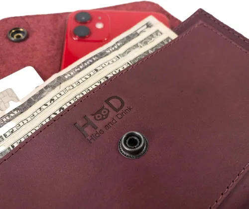 Vista 10 de Hide & Drink, Cartera grande de cuero para mujer, organizador de dinero, billetes planos, bolsa, estuche, elegante, hecho a mano, Bourbon Marrón