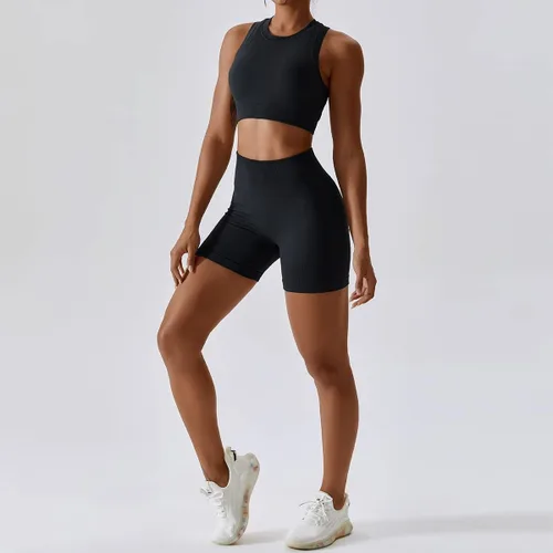 Vista 99 de Conjuntos de entrenamiento para mujer, 2 piezas, sin costuras, acanalada, sin mangas, brasier deportivo, cintura alta, pantalones cortos