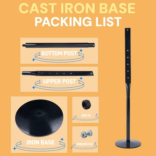 Vista 5 de Kit de poste y base de hierro fundido resistente, soporte de 12 pulgadas con poste de 48 pulgadas y pernos y tuercas para colgar letreros, soporte