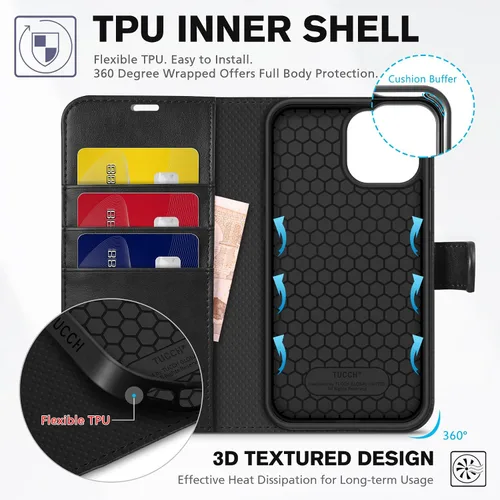 Vista 4 de TUCCH Funda Tipo Billetera para iPhone 13 (6.1") 2021, con Bloqueo RFID, con Soporte para 3 Tarjetas, de Piel Sintética, Tipo Folio