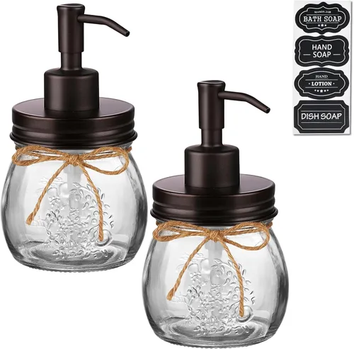 Vista 13 de Amolliar Dispensador de jabón líquido en tarro Mason de 10 onzas, bomba y tapa de acero inoxidable, bonita decoración de granja para cocina, baño